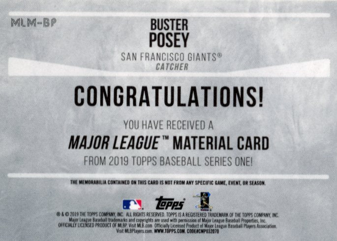 2019 Topps Series One Buster Posey #MLM-BP - Patch Giants