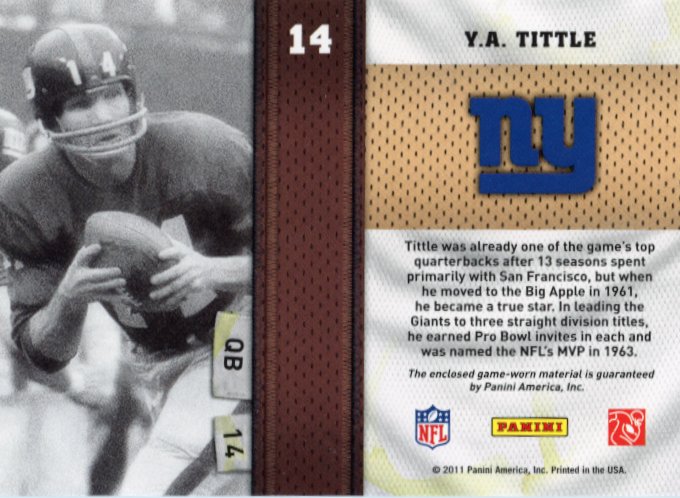 2011 Panini Threads Y.A. Tittle #14 - Patch Giants