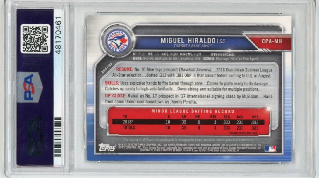 2019 Bowman Chrome Miguel Hiraldo #CPAMH - #/150 Blue Choice Autograph PSA 9 Blue Jays