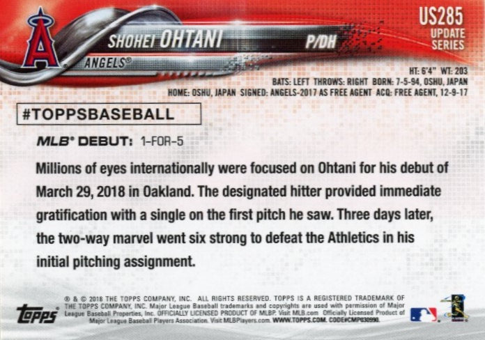 2018 Topps Update Series Shohei Ohtani RC #US285 - Angels