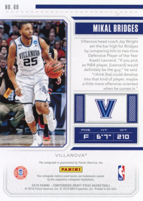 2018 Panini Contenders Draft Picks Mikal Bridges RC #60 - Autograph Suns