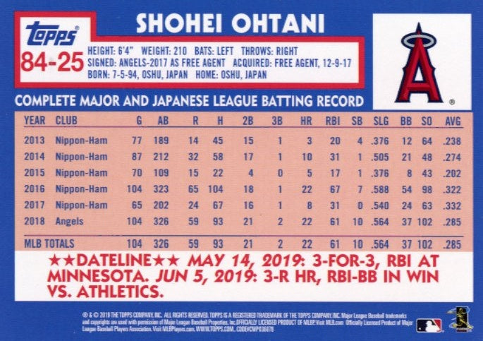 2019 Topps Shohei Ohtani RC #84-25 - Angels