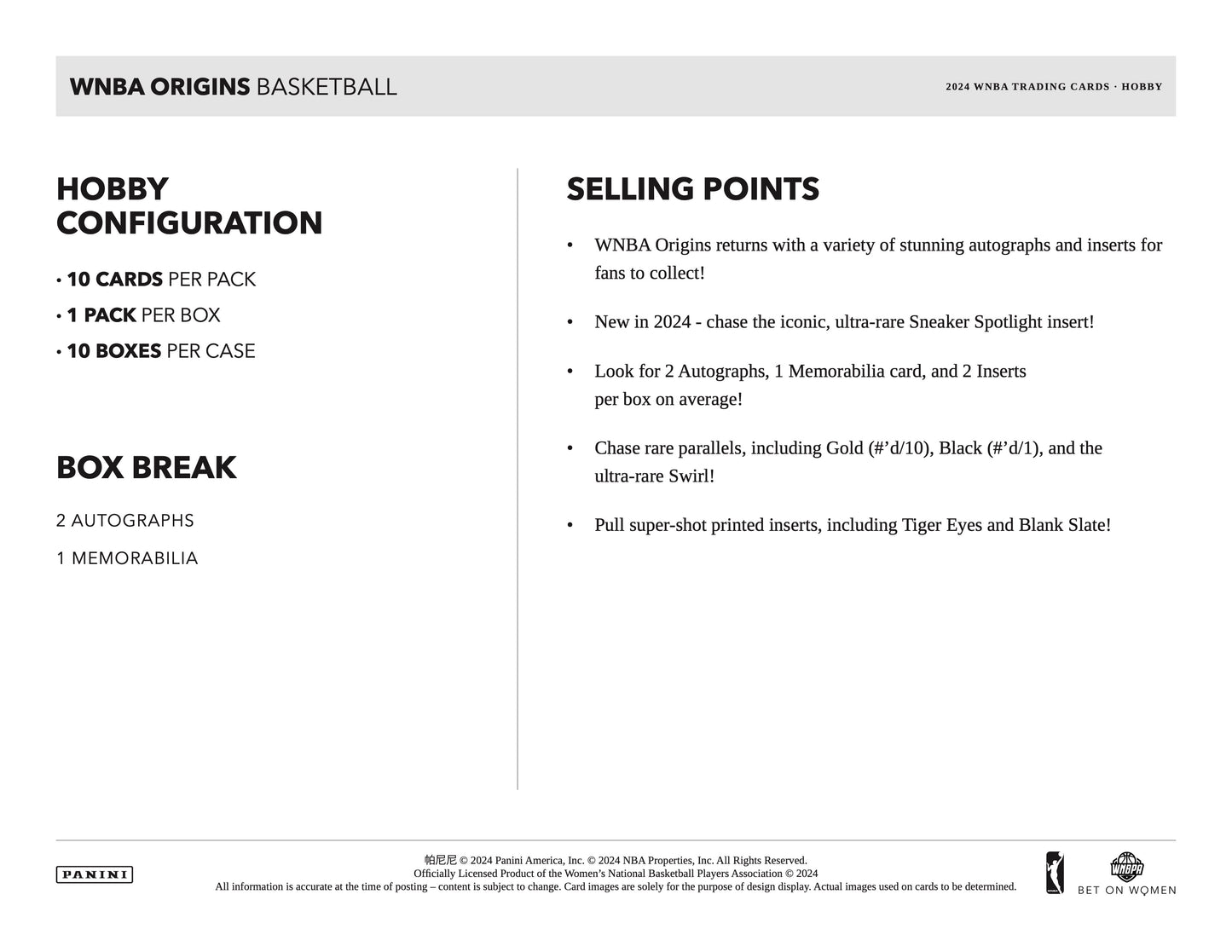 PRESALE - 2024 Panini Origins WNBA Basketball Hobby Box