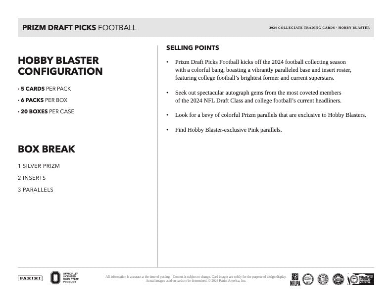 PRESALE - 2024 Panini Prizm College Football Draft Picks Hobby Blaster Box