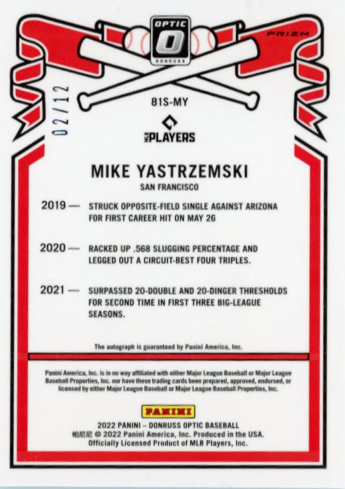 2022 Panini Donruss Optic Mike Yastrzemski #81S-MY - Autograph Green Mojo #/12 Giants