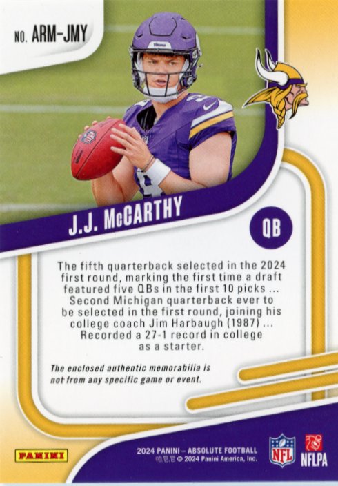 2024 Panini Absolute Rookie Materials JJ McCarthy RC #ARM-JMY - Patch Vikings