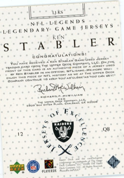 2000 Upper Deck Ken Stabler #LJ-KS - Patch Raiders
