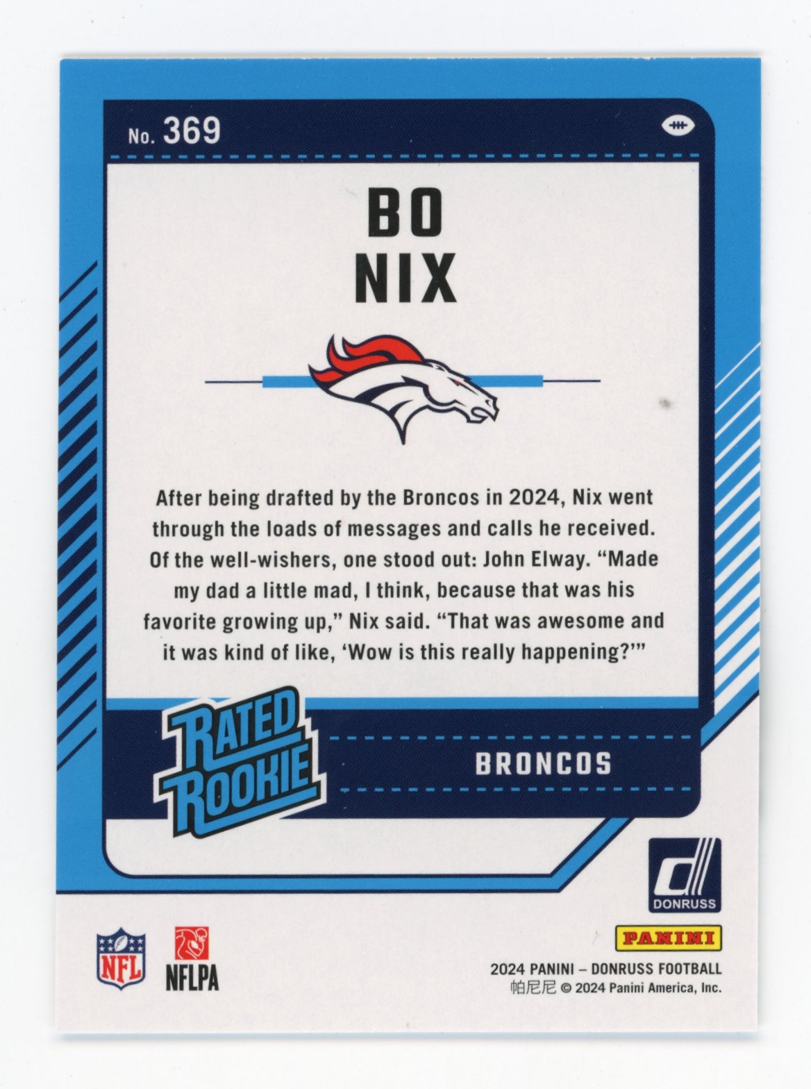 2024 Panini Donruss Bo Nix #369 - Rated Rookie Broncos