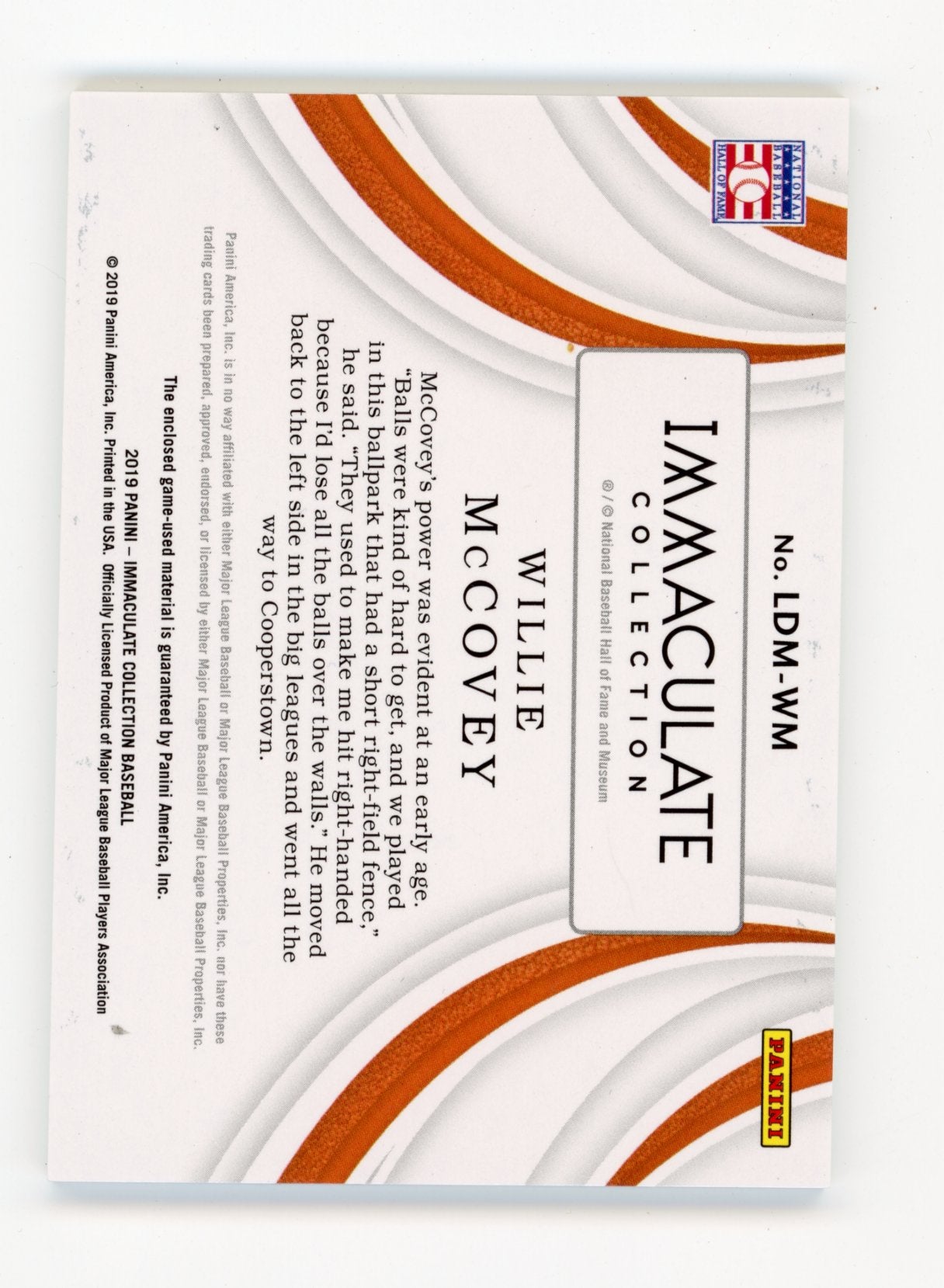 2019 Panini Immaculate Collection Willie McCovey #LDM-WM - Relic #30/49 Giants