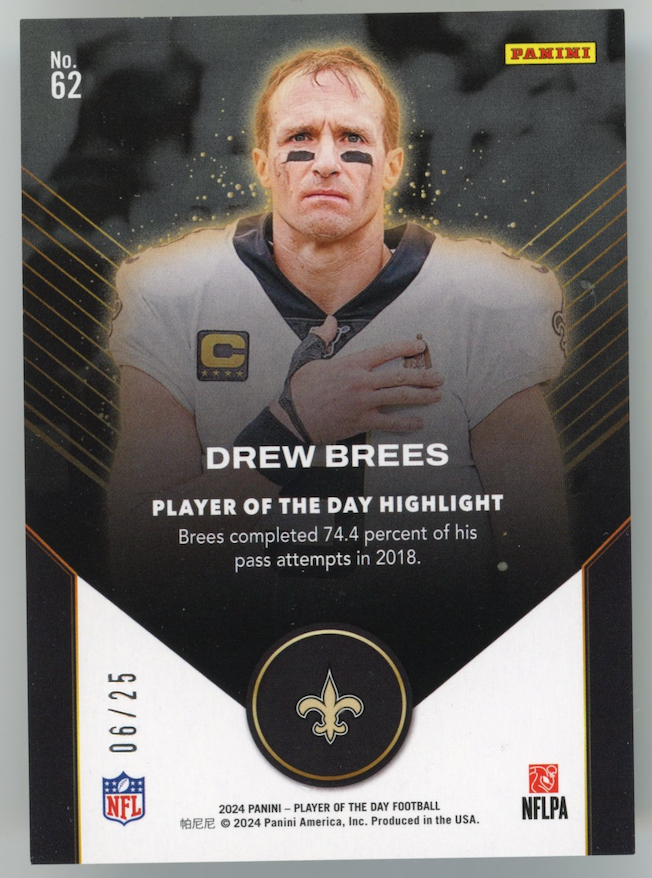 2024 Panini Player Of The Day Drew Brees #62 - #/25 Purple Saints