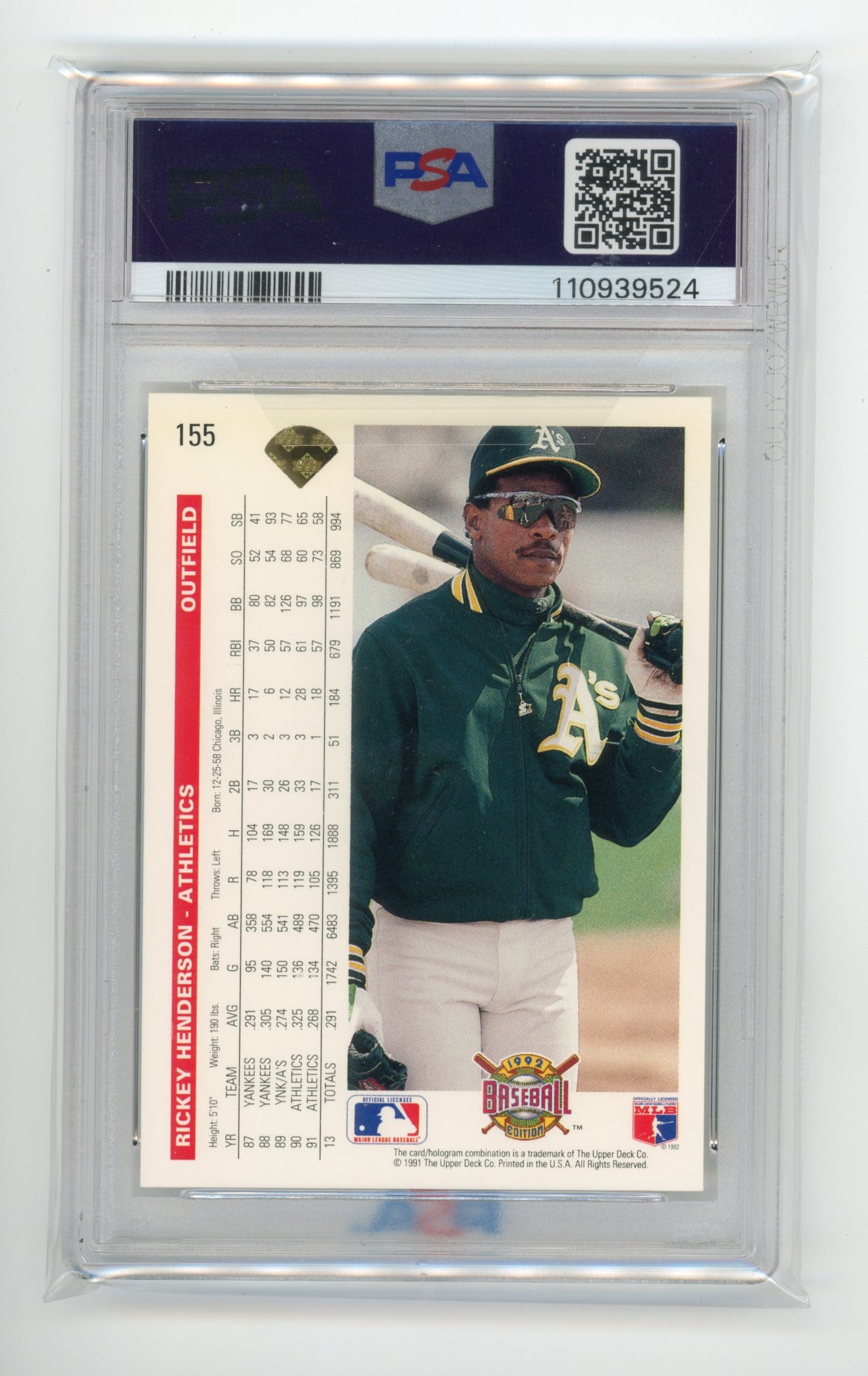 1992 Upper Deck Rickey Henderson Gold Hologram #155 - PSA 10 Athletics