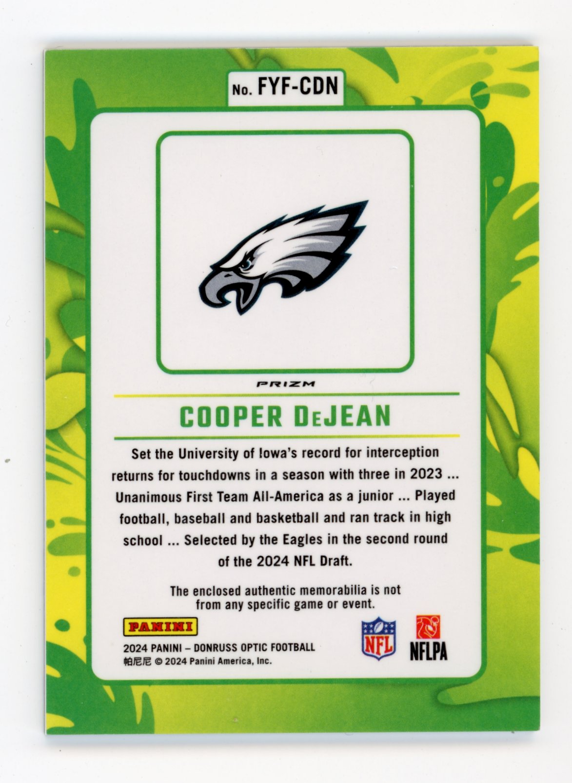 2024 Panini Optic Cooper DeJean Rookie RC #FYF-CDN - Patch Eagles