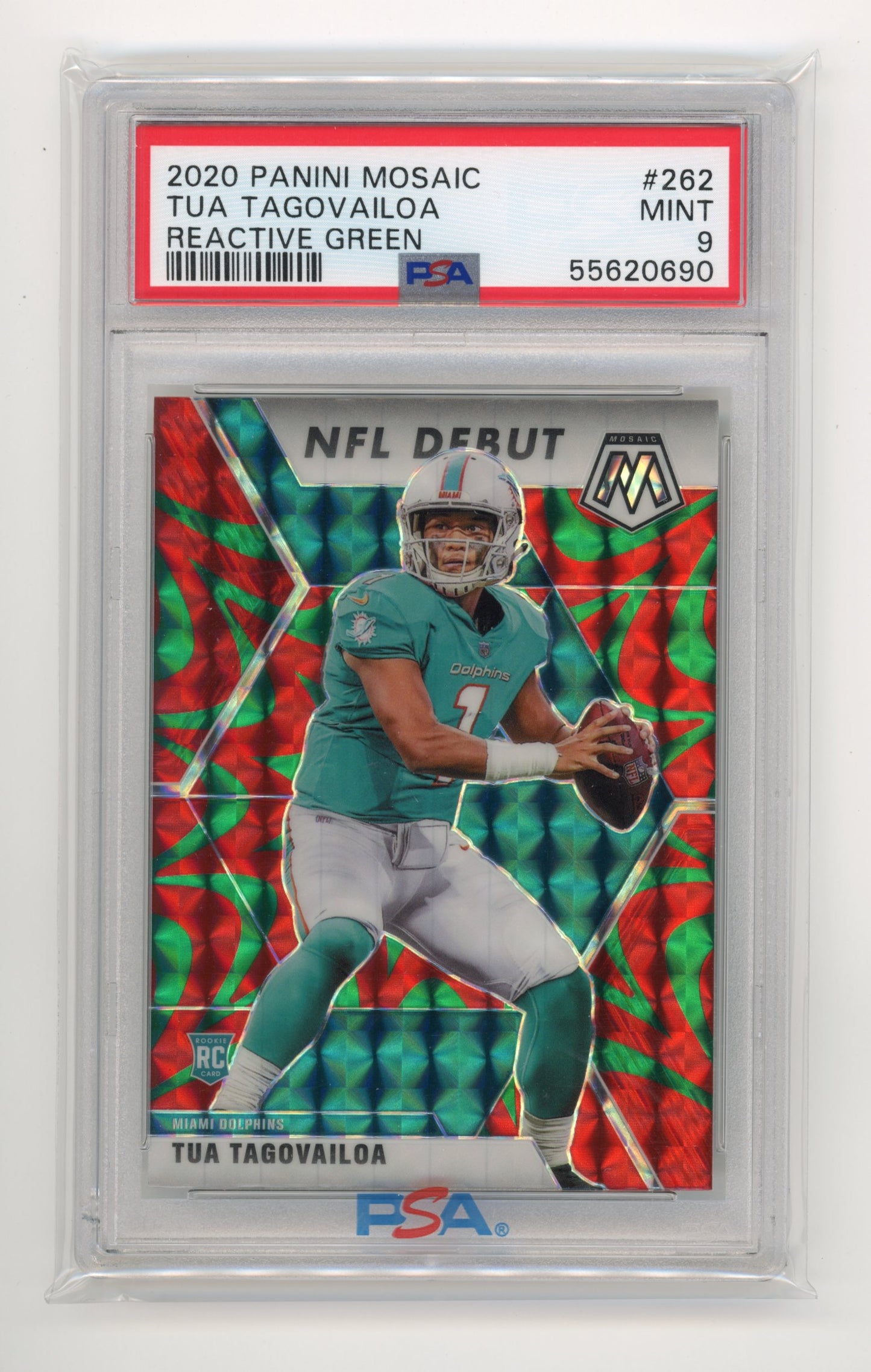 2020 Panini Mosaic Tua Tagovailoa Rookie Debut #262 - PSA 9 Reactive Green Dolphins