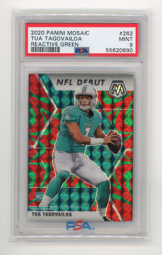 2020 Panini Mosaic Tua Tagovailoa Rookie Debut #262 - PSA 9 Reactive Green Dolphins