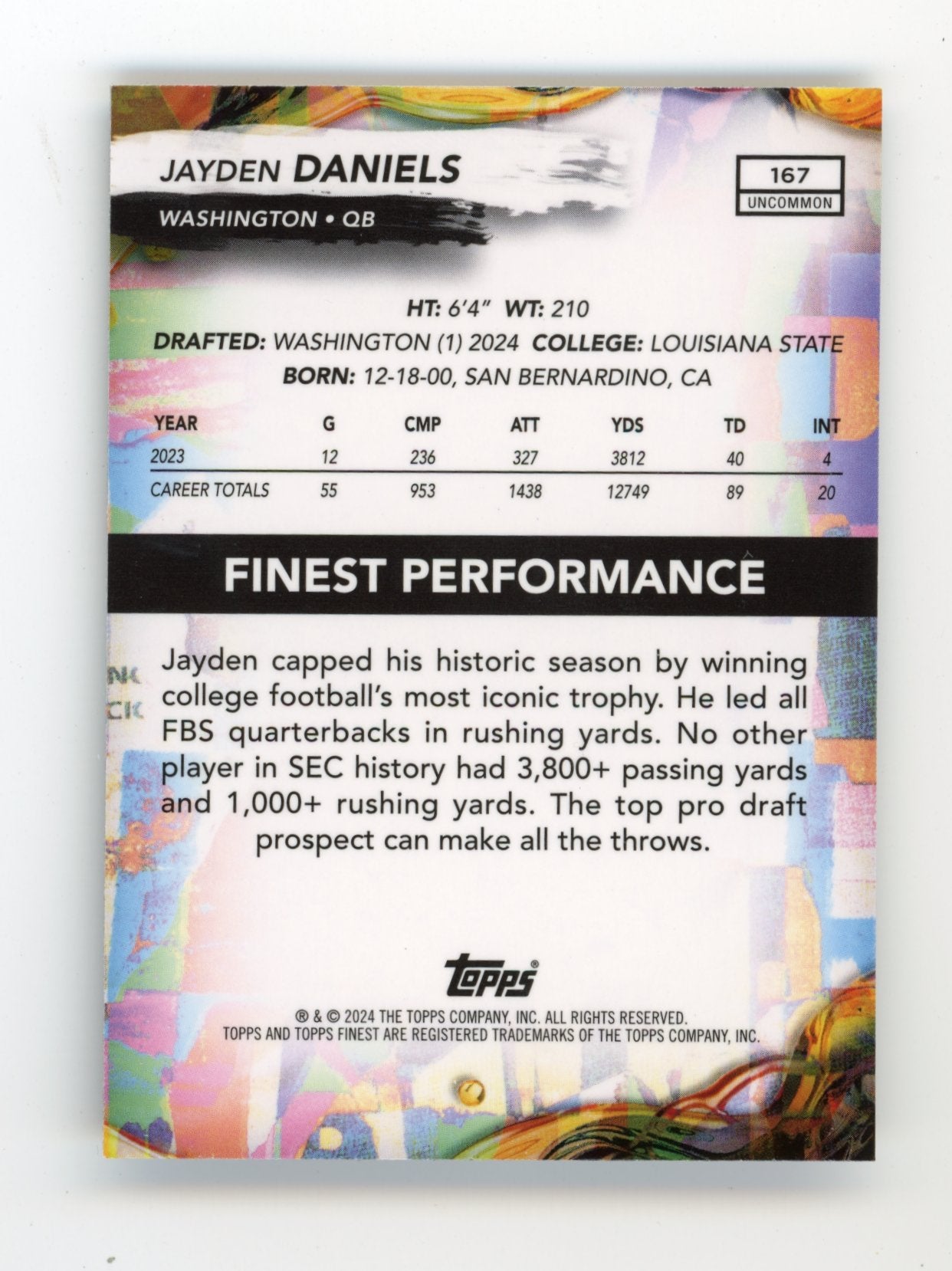 2024 Topps Finest Jayden Daniels Rookie RC #167 - #/200 Purple Commanders