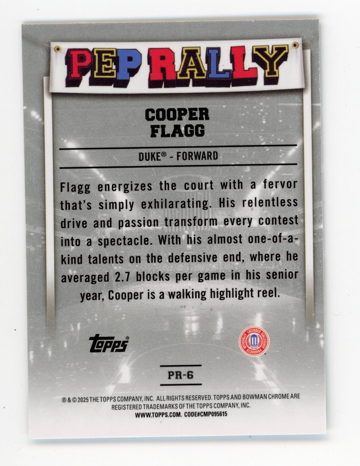2025 Topps Bowman Chrome University Cooper Flagg #PR-G - Pep Rally Blue Devils