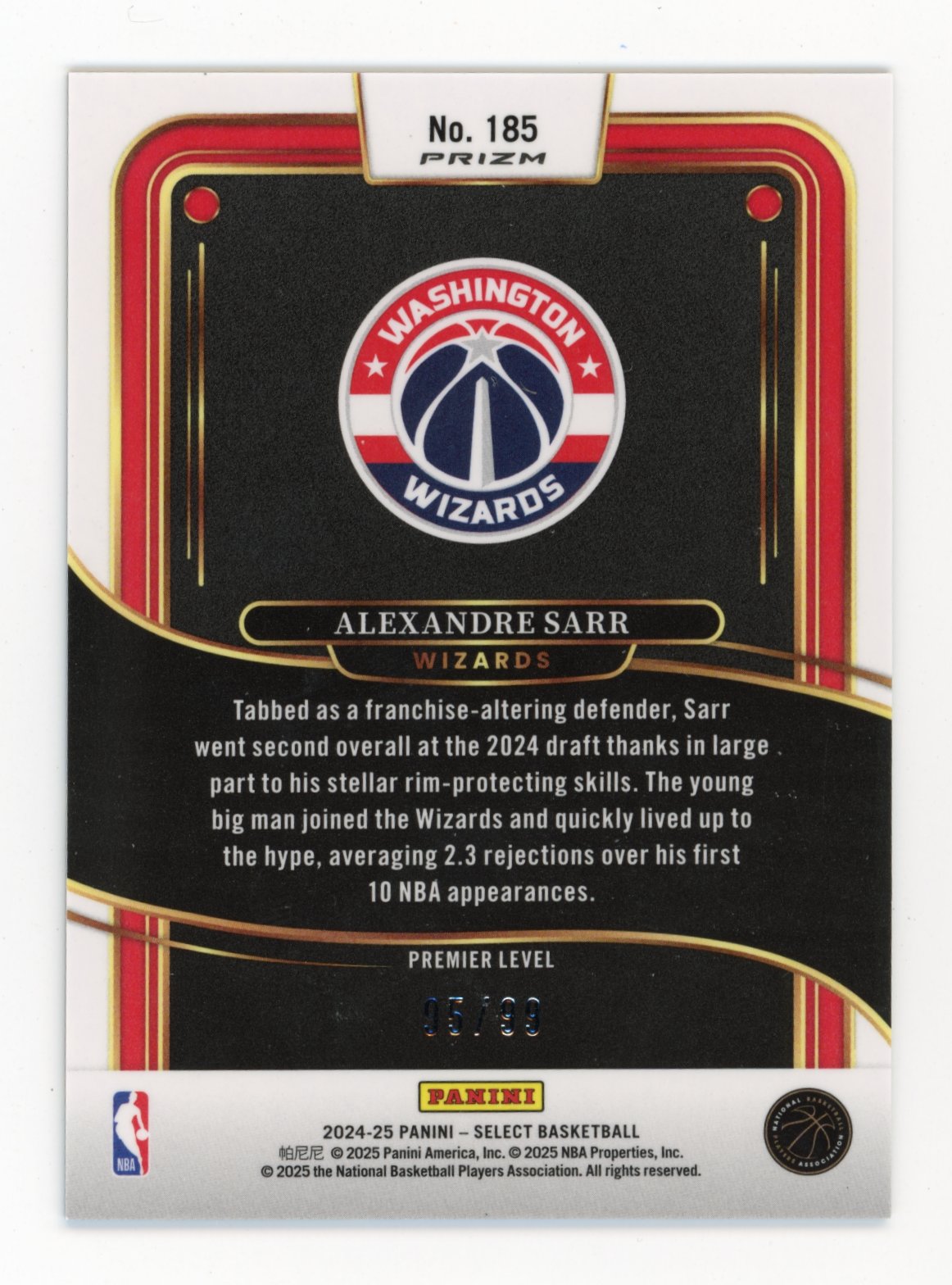 2024-25 Panini Select Alexandre Sarr Rookie RC #185 - #/99 Blue Disco Wizards