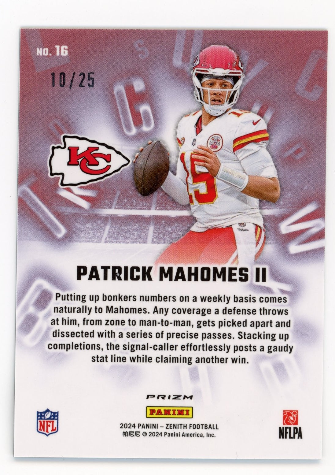 2024 Panini Zenith Patrick Mahomes II #16 - #/25 A-Z Chiefs