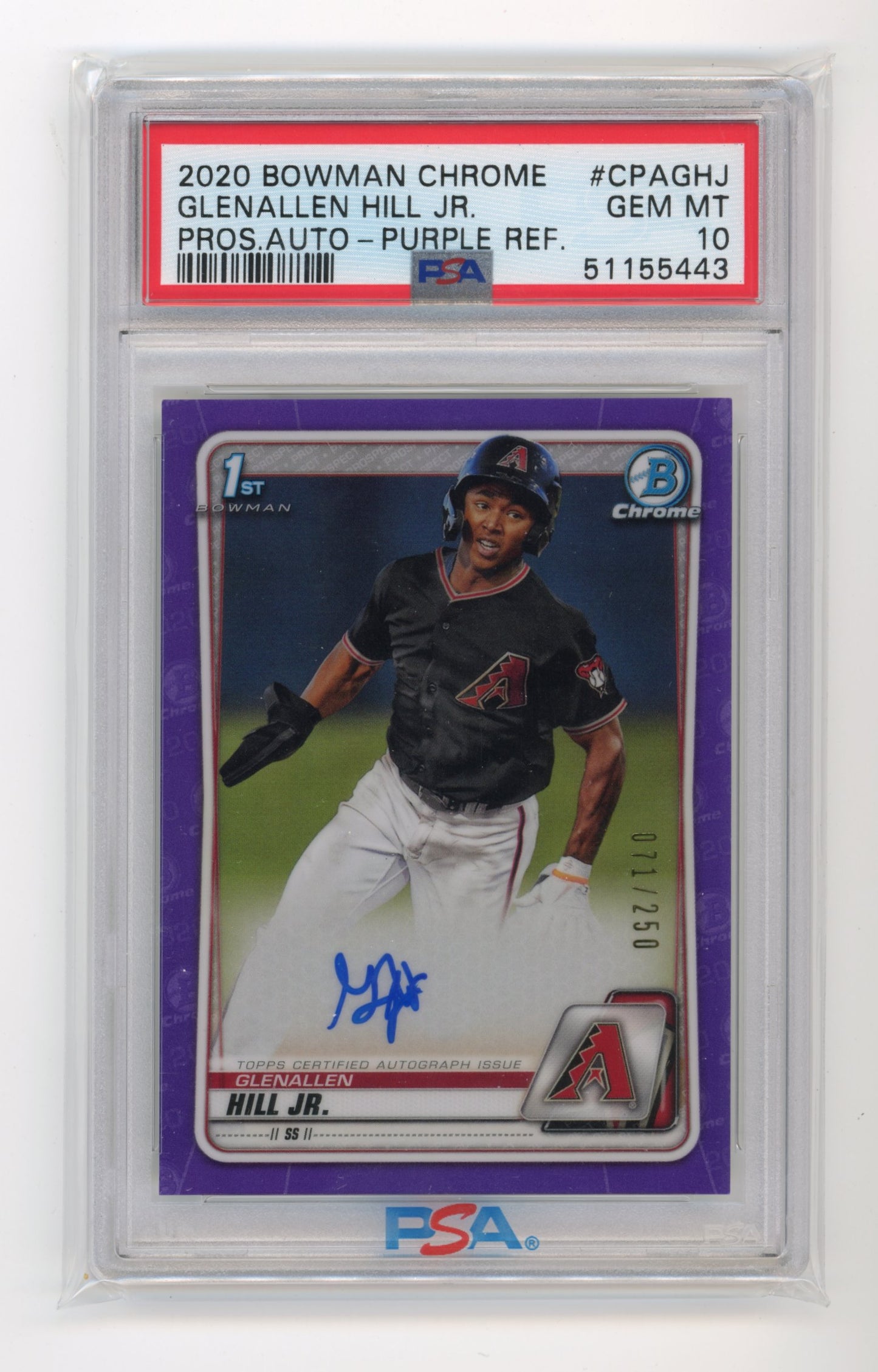2020 Topps Bowman Chrome Glenallen Hill Jr. #CPAGHJ - PSA 10 #/250 Autograph Purple Diamondbacks