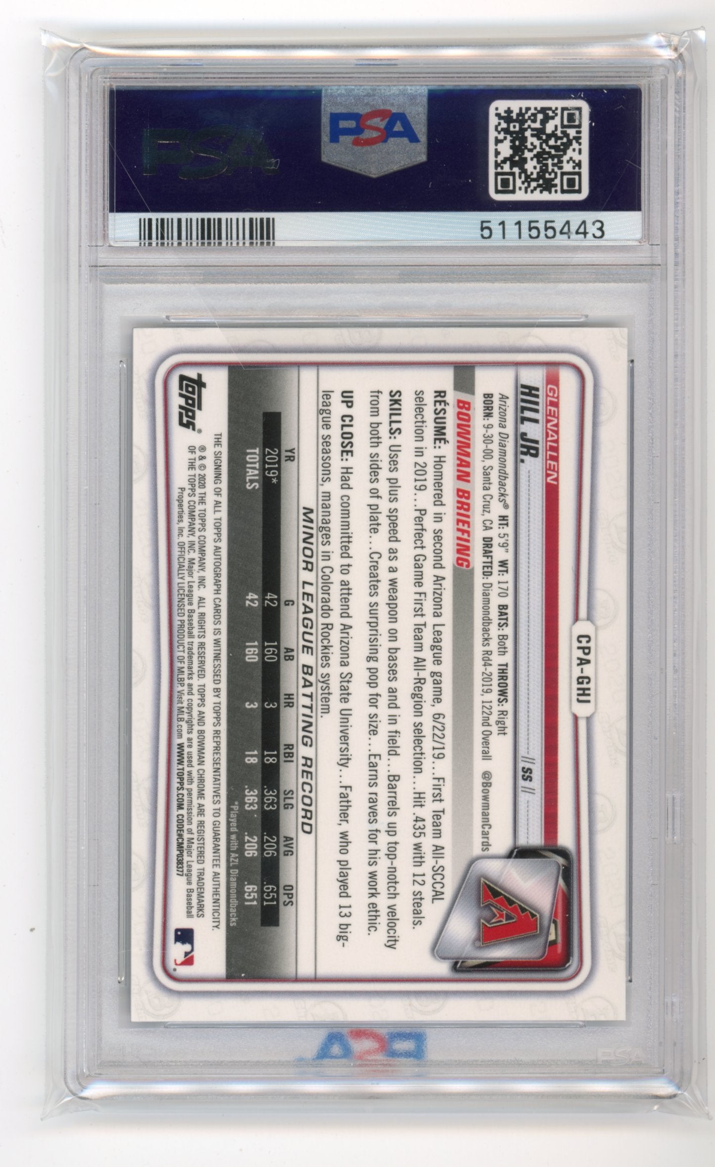2020 Topps Bowman Chrome Glenallen Hill Jr. #CPAGHJ - PSA 10 #/250 Autograph Purple Diamondbacks