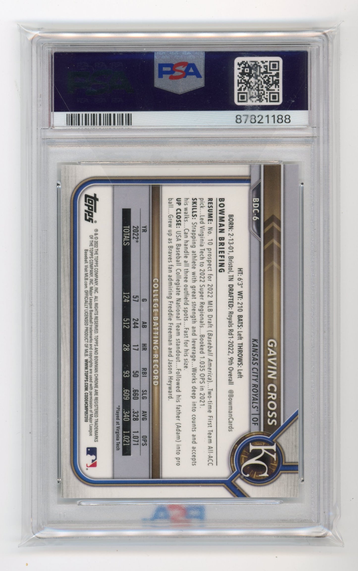 2022 Topps Bowman Chrome Gavin Cross #BDC6 - PSA 10 B&W Ray Wave Royals