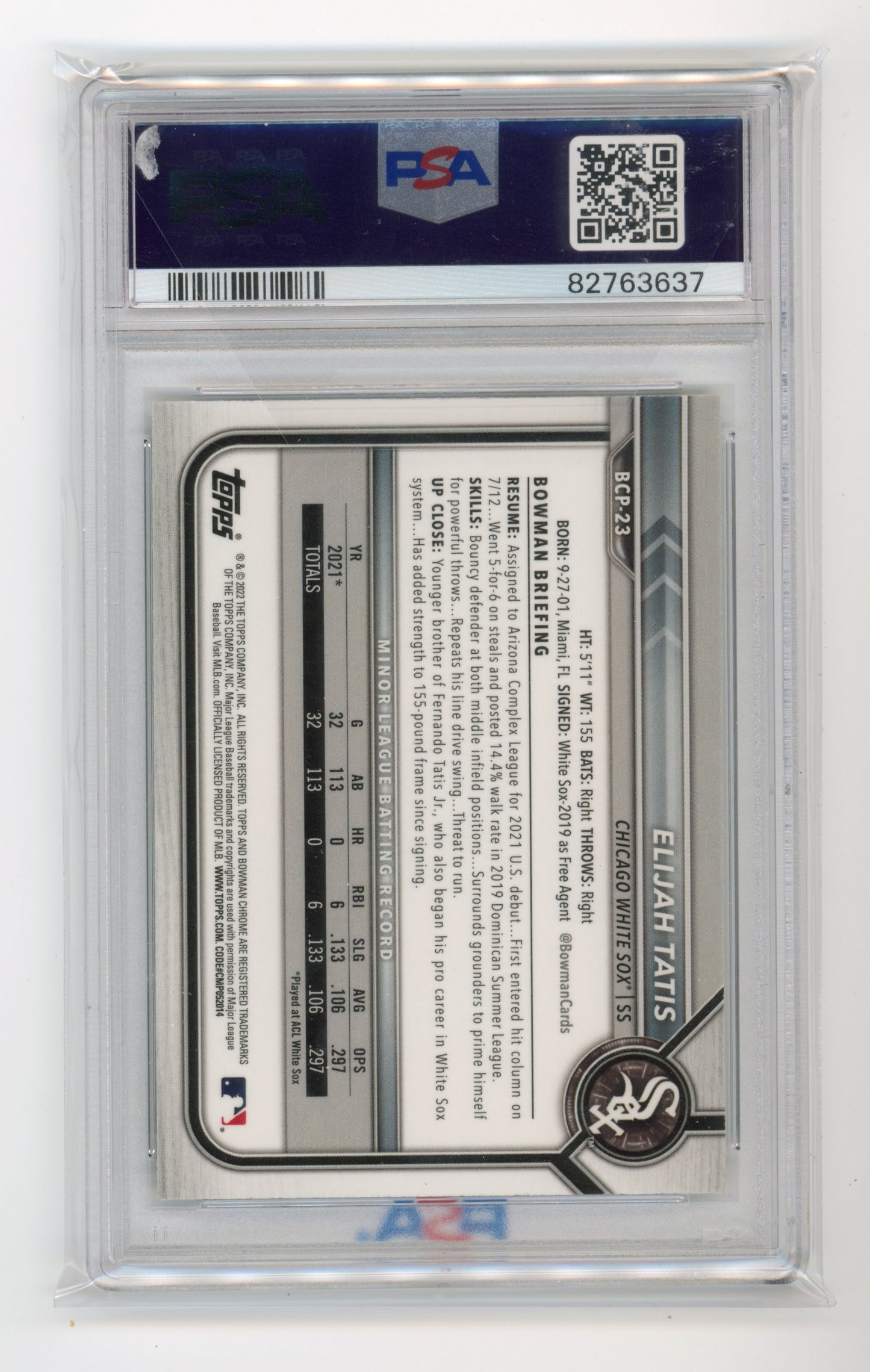 2022 Topps Bowman Chrome Elijah Tatis #23 - PSA 10 Mega Box White Sox