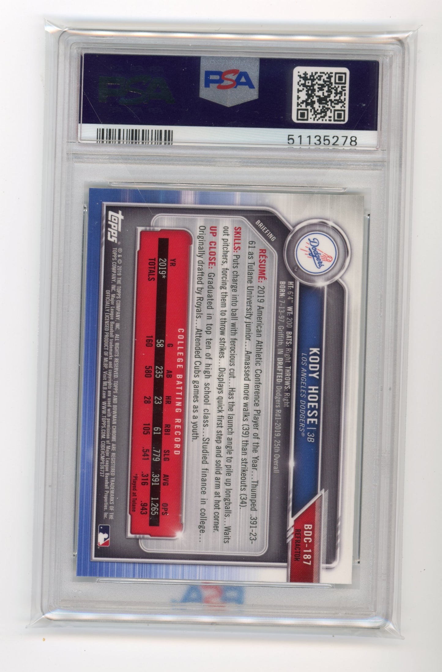 2019 Topps Bowman Chrome Kody Hoese #BDC187 - PSA 10 Dodgers