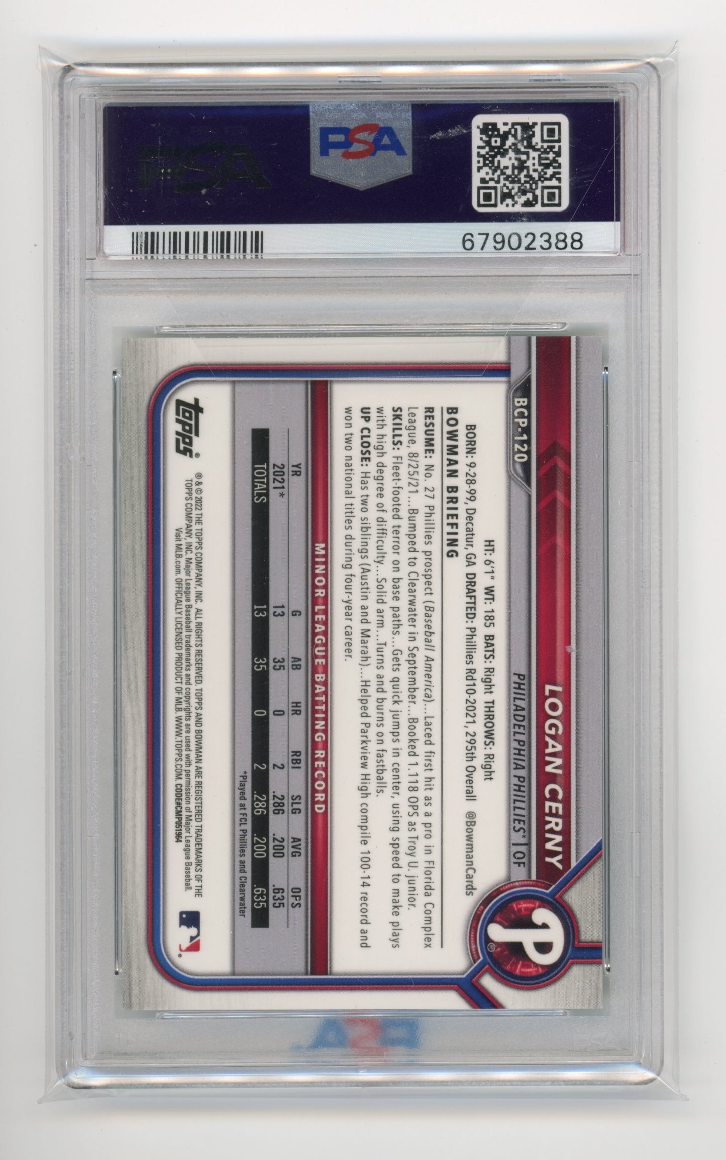 2022 Topps Bowman Chrome Logan Cerny #BCP120 - PSA 10 #/55 Green Cracked Ice Phillies