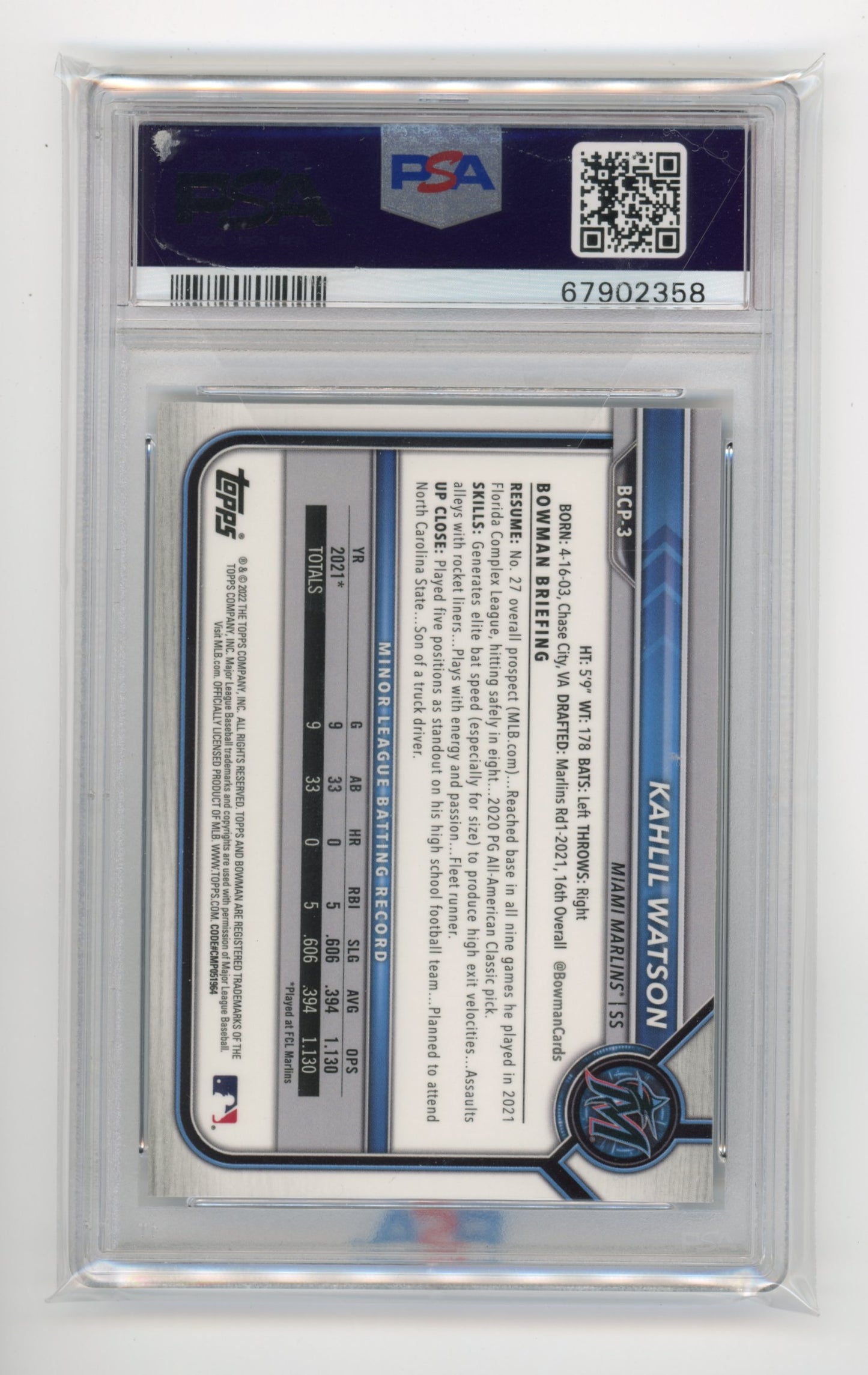 2022 Topps Bowman Chrome Kahlil Watson #BCP3 - PSA 10 Blue Cracked Ice Mariners