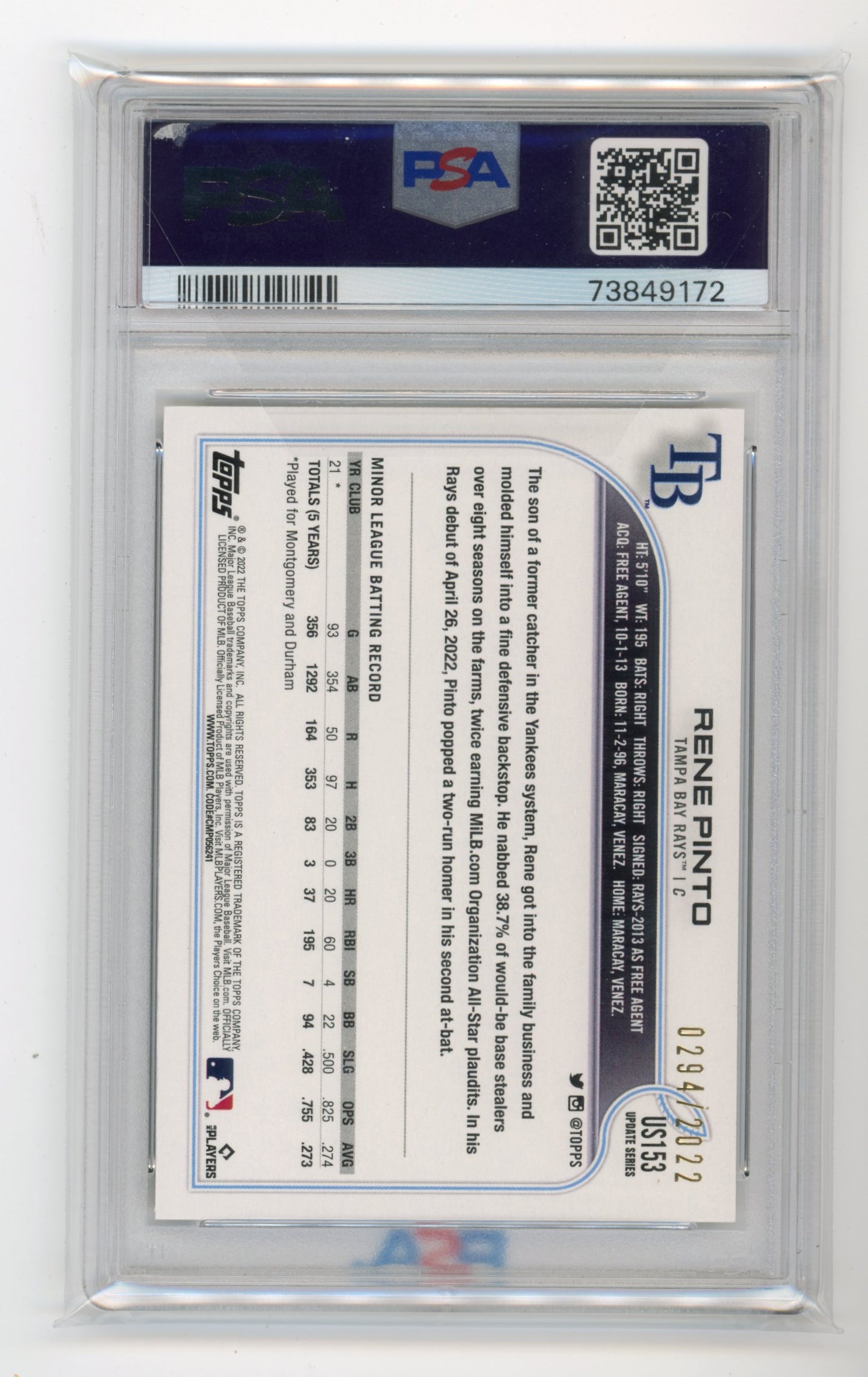 2022 Topps Rene Pinto Rookie #US153 - PSA 10 #/2022 Gold