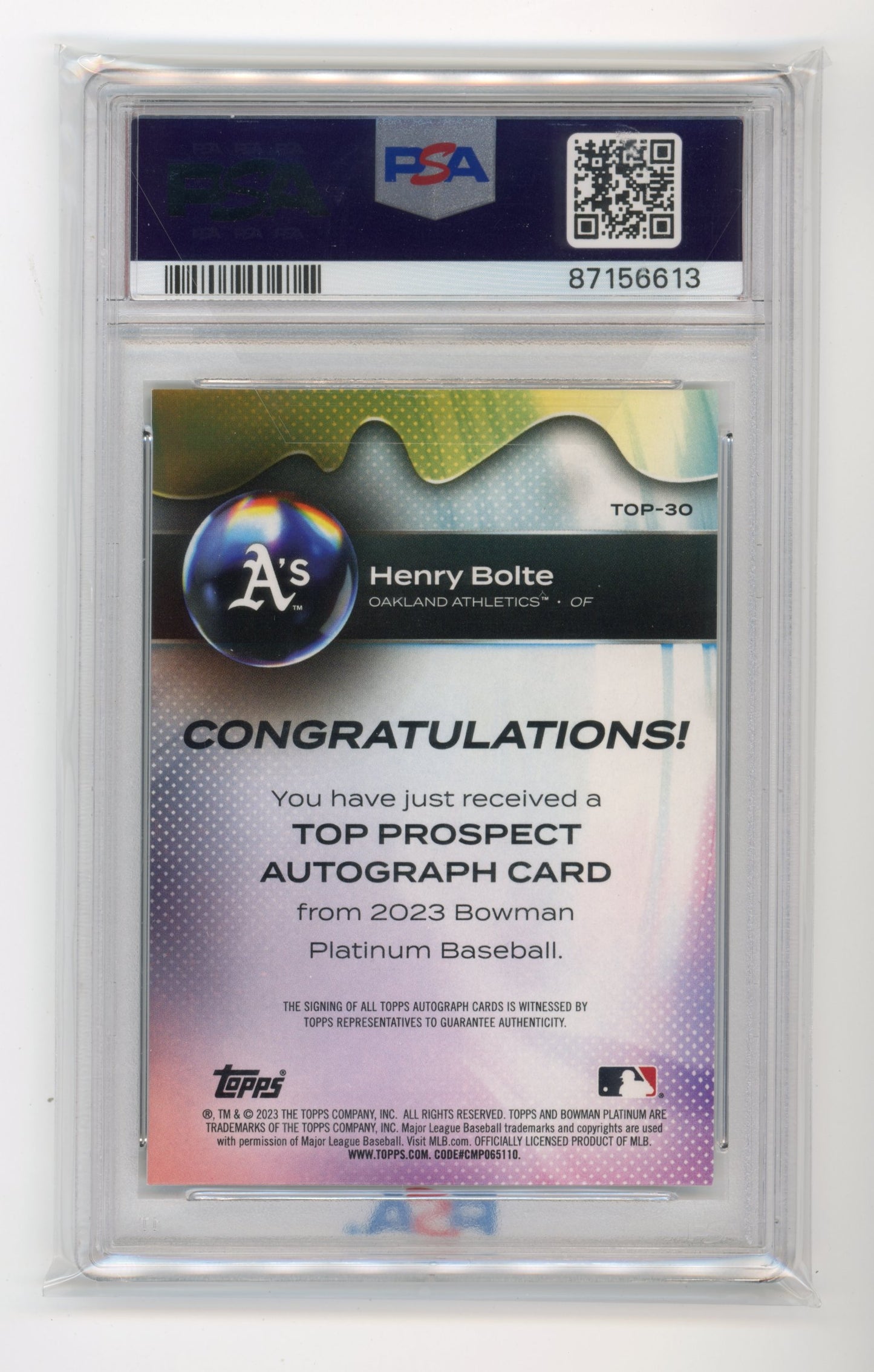 2023 Topps Bowman Platinum Henry Bolte #TOP30 - PSA 10 Autograph Athletics