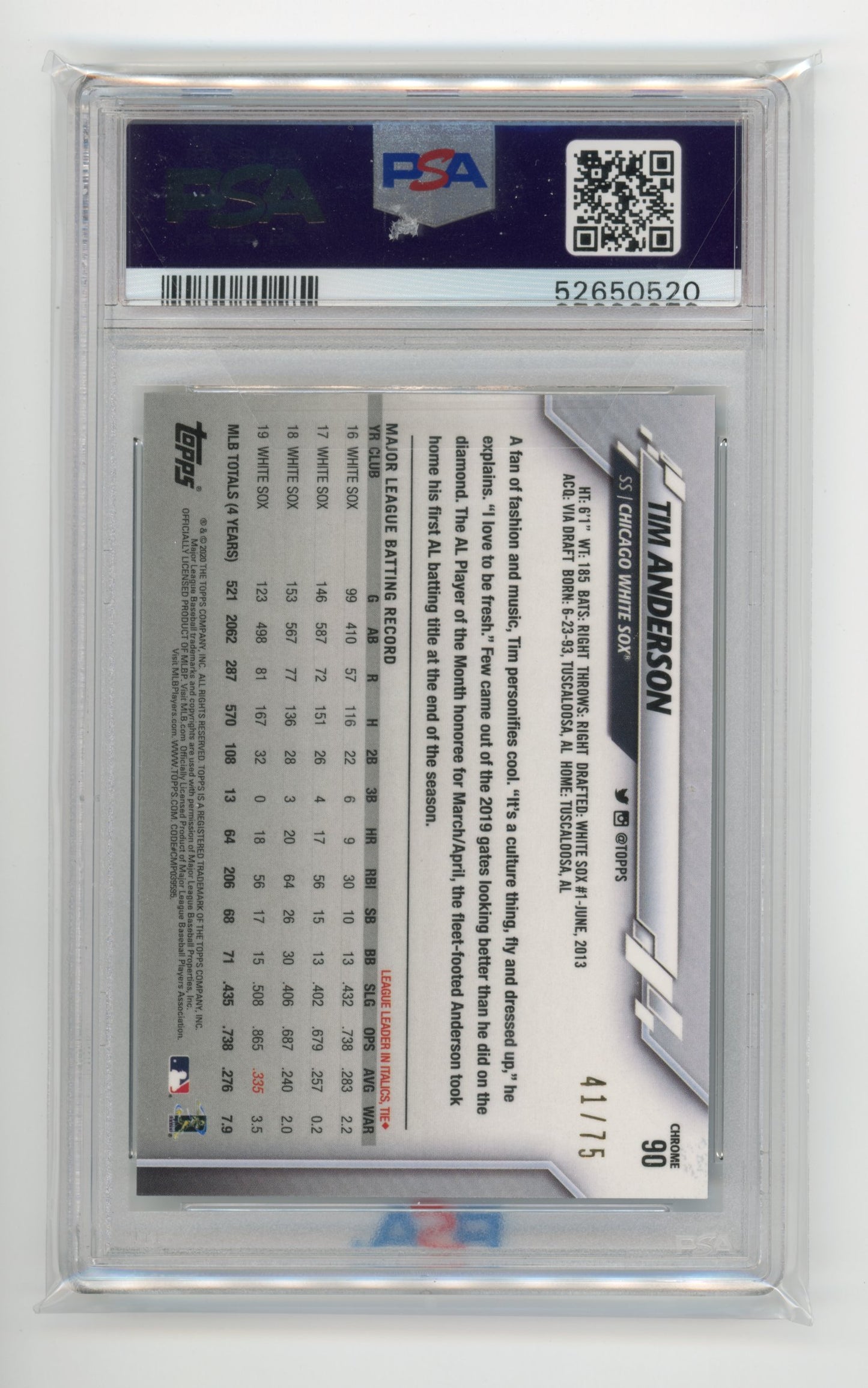 2020 Topps Chrome Tim Anderson #90 - PSA 10 #/75 Blue Wave White Sox