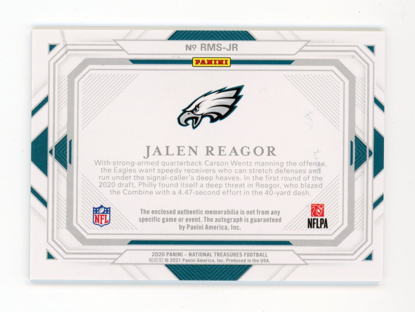 2020 Panini National Treasures Jalen Reagor #RMS-JR - RC Auto Patch /99