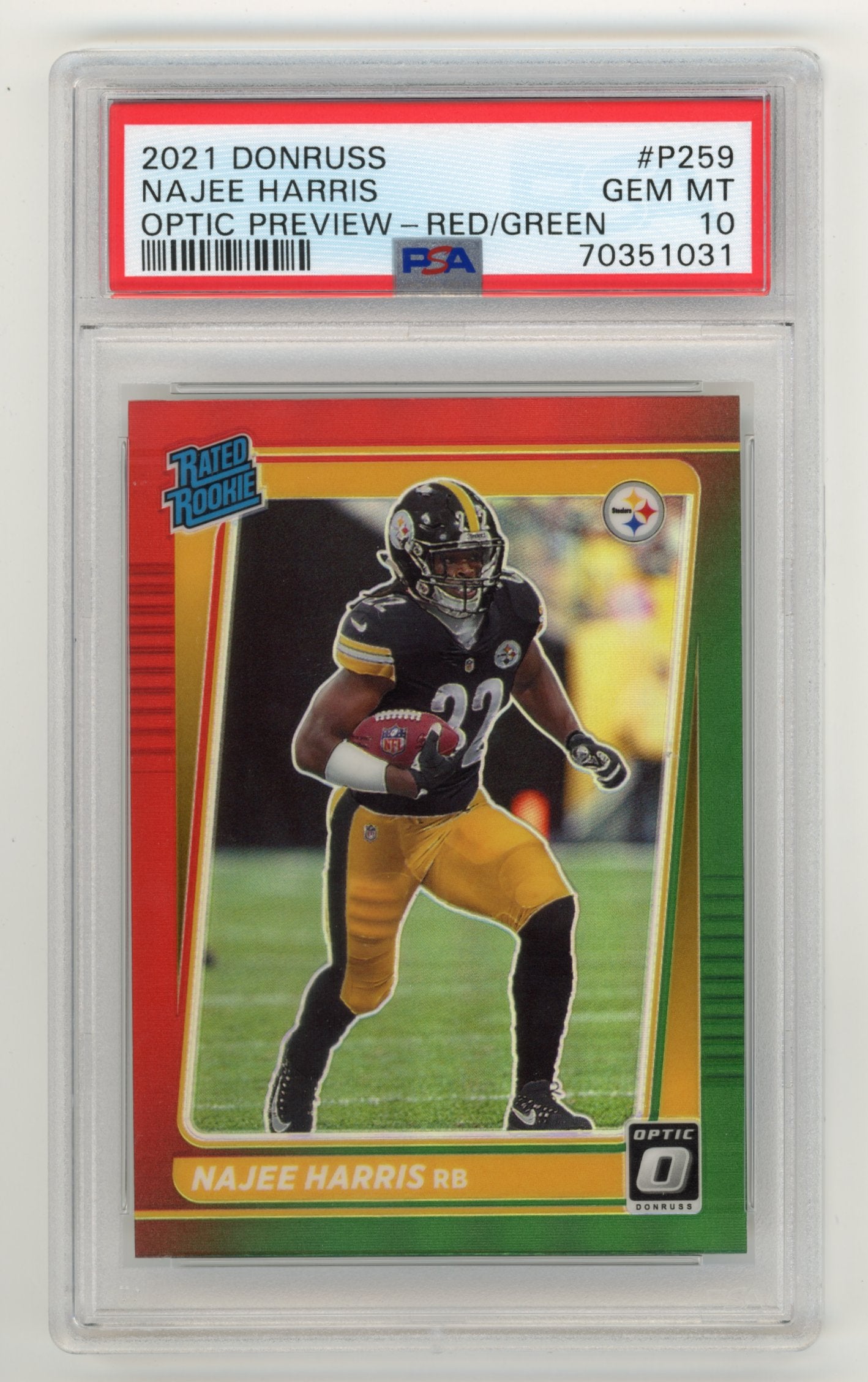 2021 Panini Donruss Najee Harris #P259 - Rated Rookie Optic Preview Red/Green PSA 10 Steelers