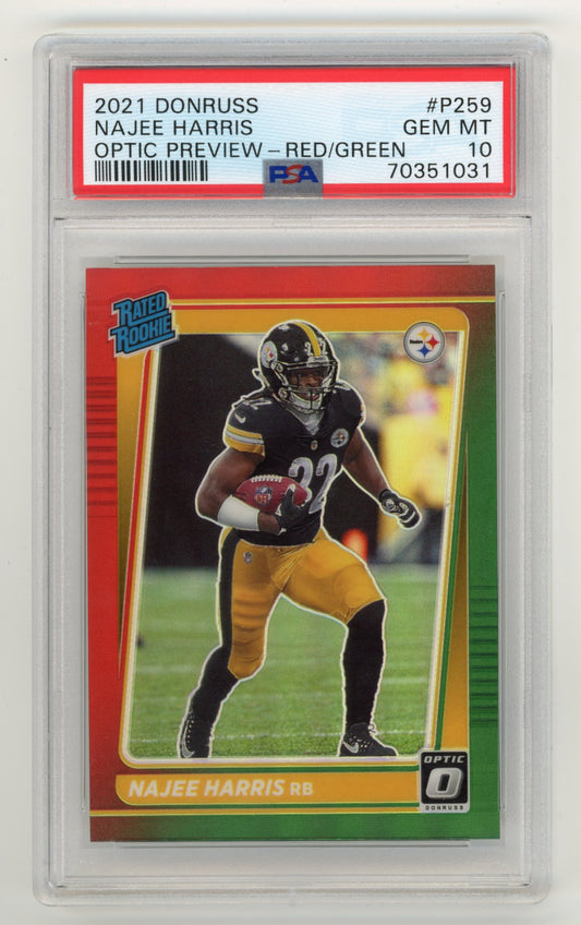 2021 Panini Donruss Najee Harris #P259 - Rated Rookie Optic Preview Red/Green PSA 10 Steelers