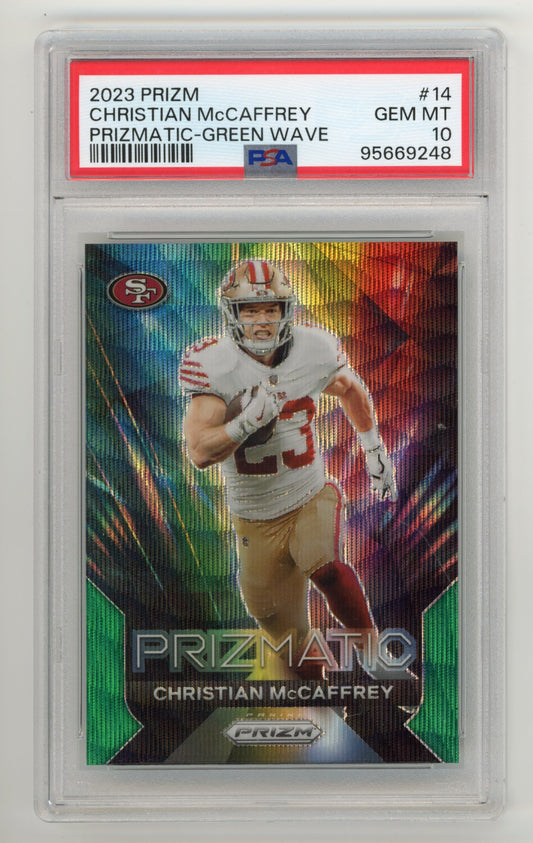 2023 Panini Prizm Christian McCaffrey #14 - Prizmatic Green Wave PSA 10 49ers