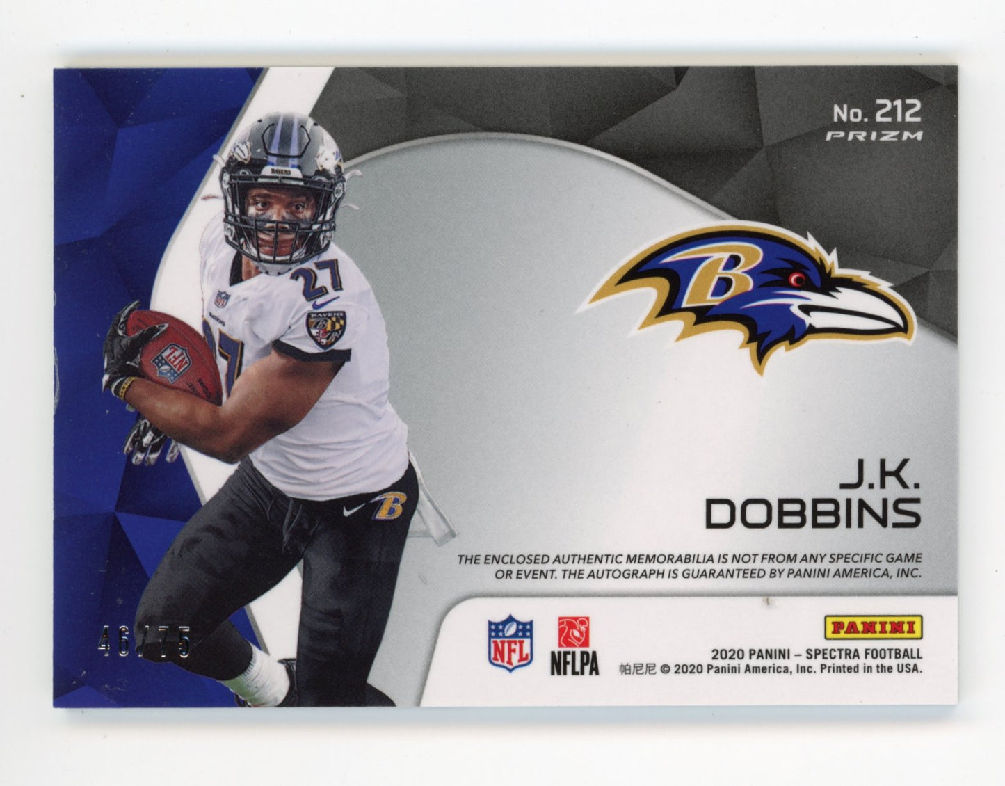 2020 Panini Spectra J.K. Dobbins #212 RC - #/75 Jersey Auto Ravens