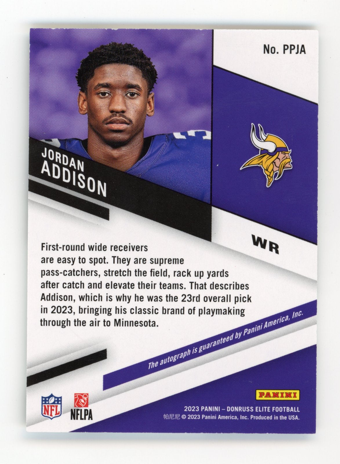 2023 Panini Donruss Elite Pen Pals Jordan Addison RC #PPJA - Auto Vikings