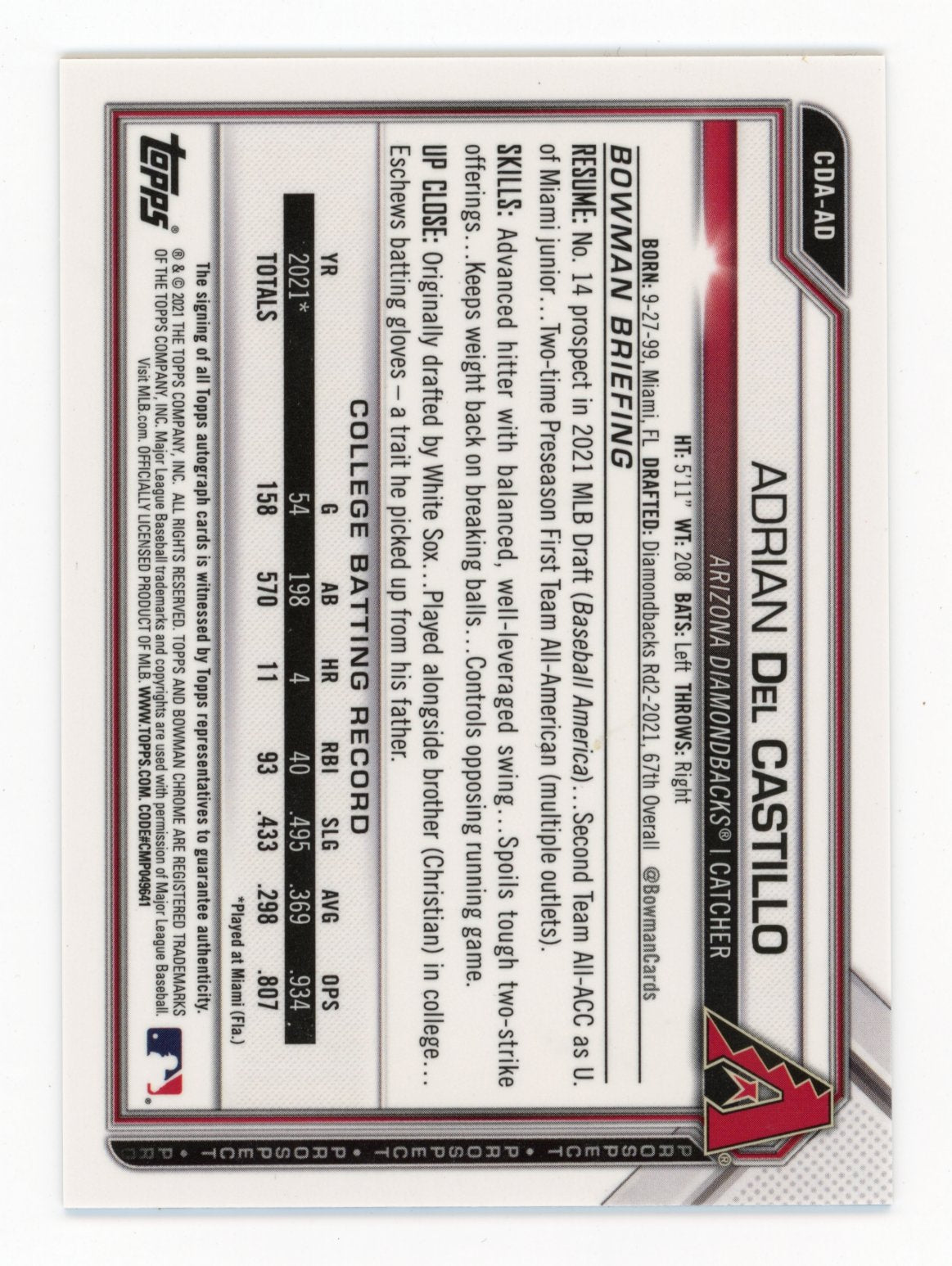 2021 Bowman Chrome Adrian Del Castillo 1st Bowman #CDA-AD - #/250 Purple Autograph Diamondbacks