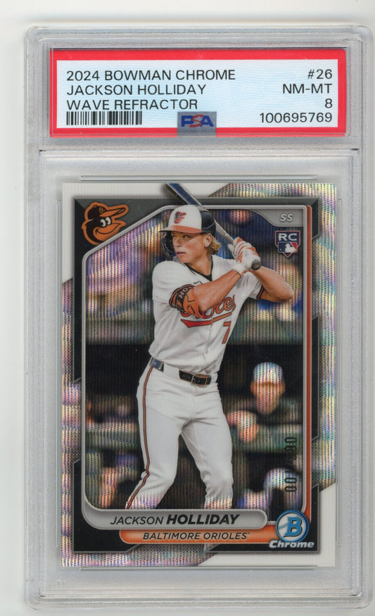 2024 Bowman Chrome Jackson Holiday RC #26 - PSA 8 #/100 Wave Refractor Orioles