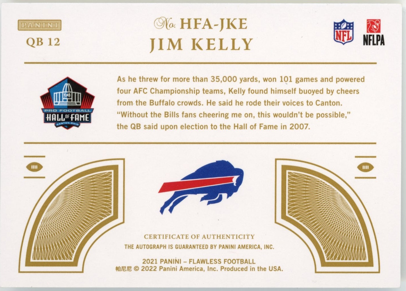2021 Panini Flawless Jim Kelly #HFA-JKE - #/15 Autograph