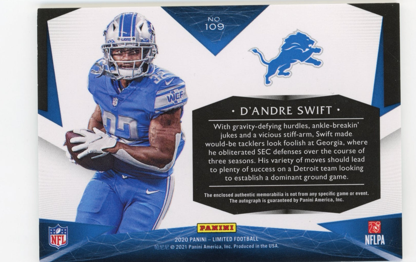 2020 Panini Limted D'Andre Swift Rookie #109 - #/49 Patch Autograph Lions