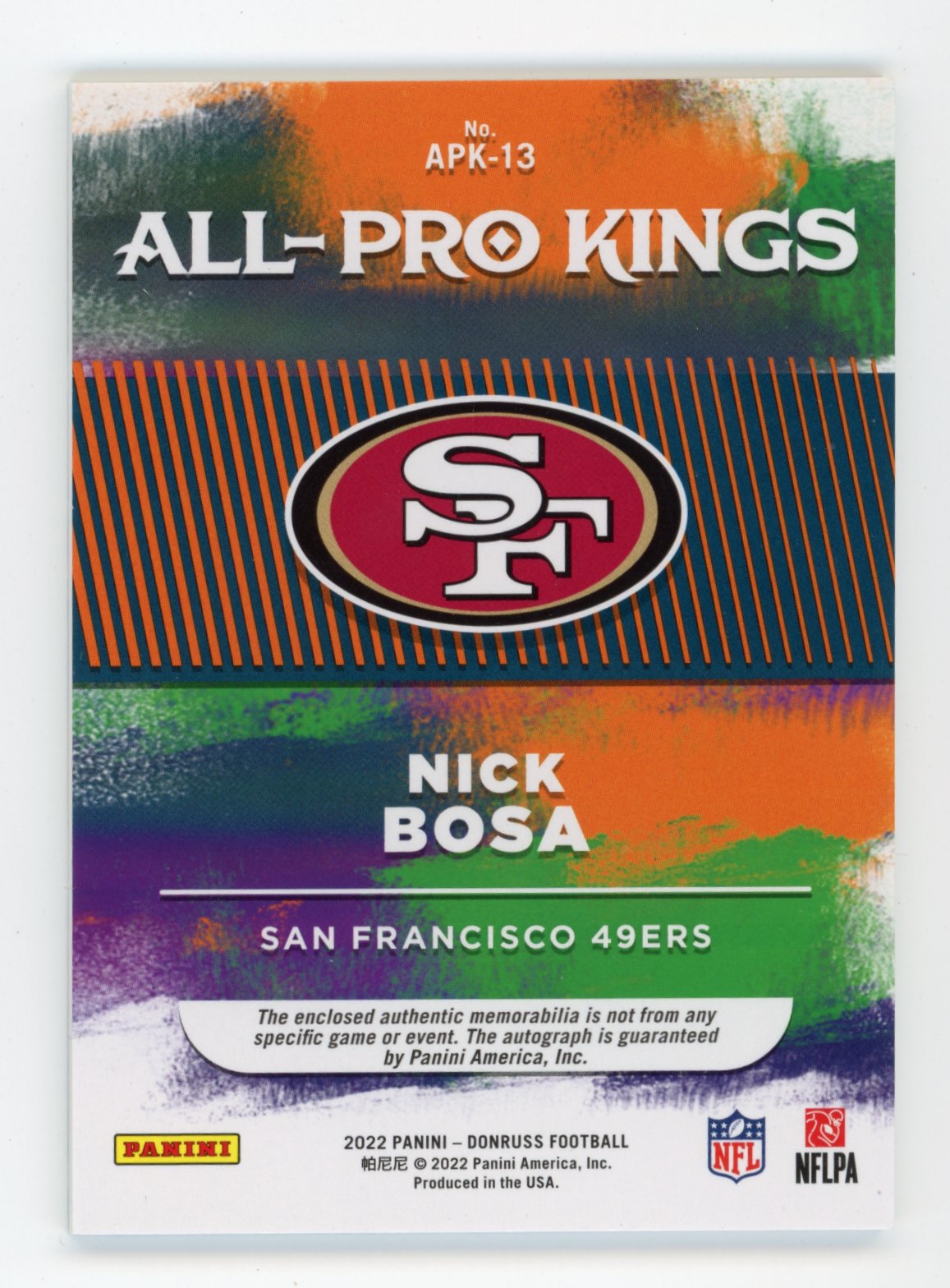 2022 Panini Donruss Nick Bosa #APK-13 - #/10 Patch Autograph 49ers