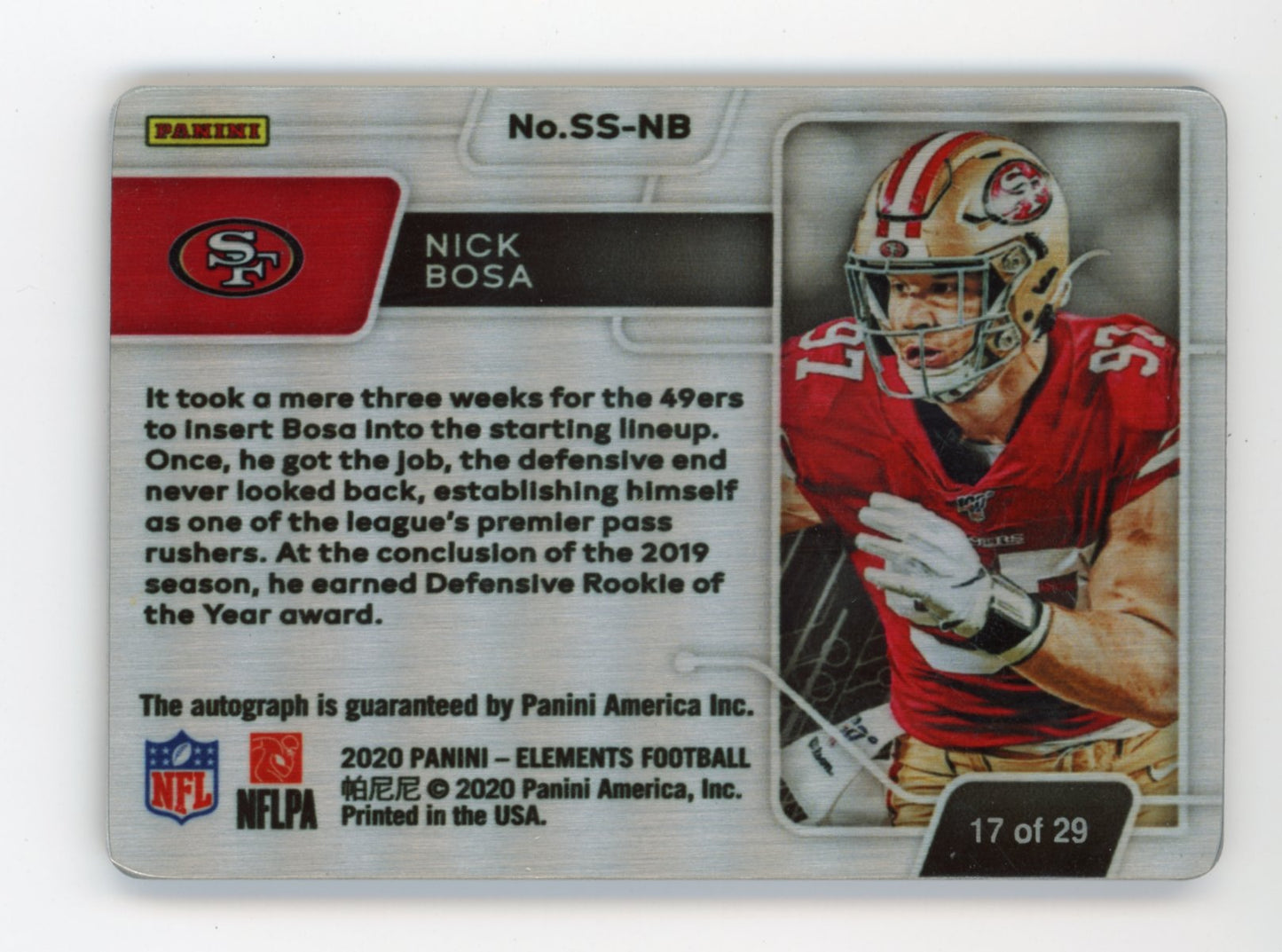 2020 Panini Elements Nick Bosa Copper #SS-NB - #/29 Autograph Metal Plate 49ers