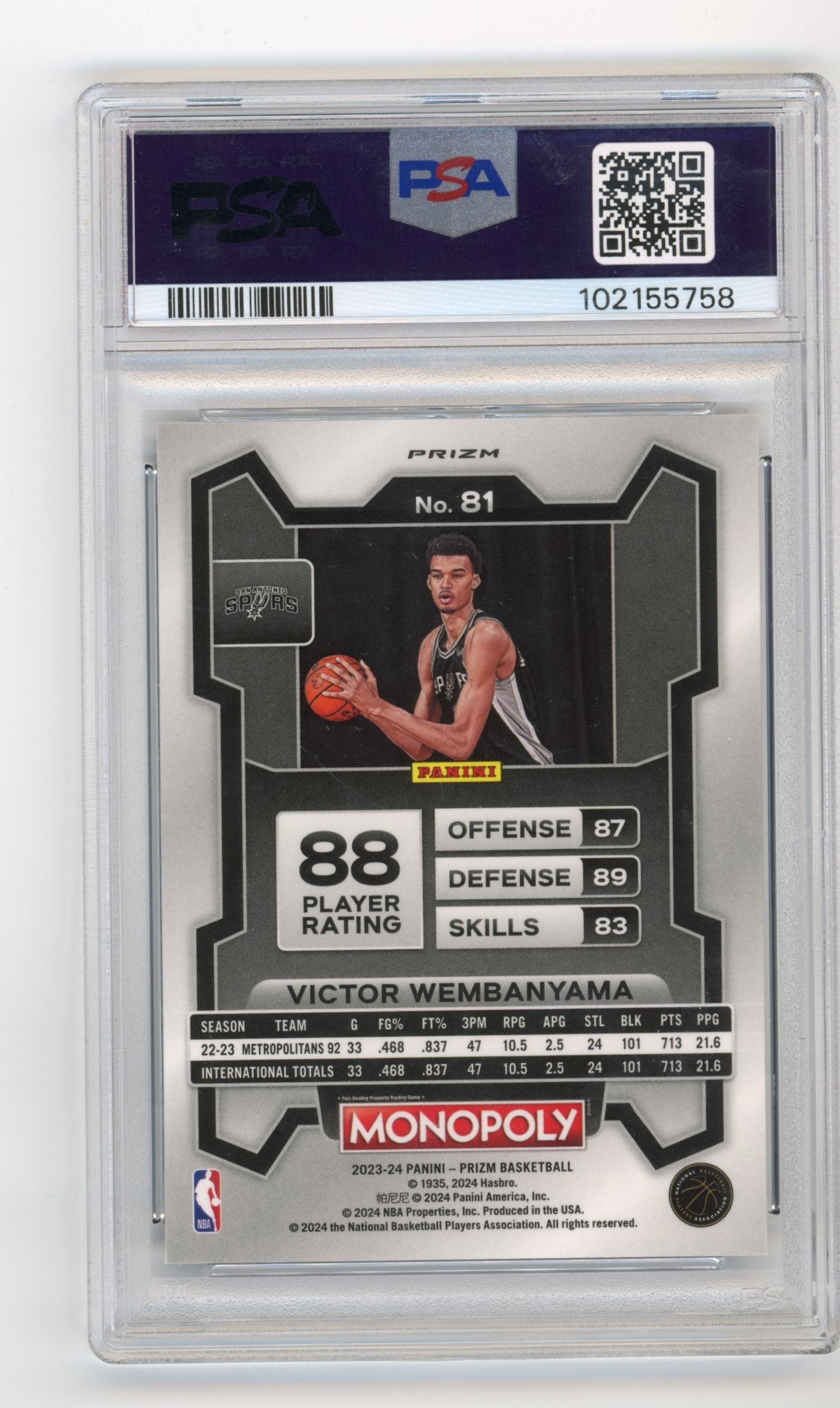 2023 Panini Prizm Monopoly Victor Wembanyama #81 - PSA 8 Purple Wave Spurs