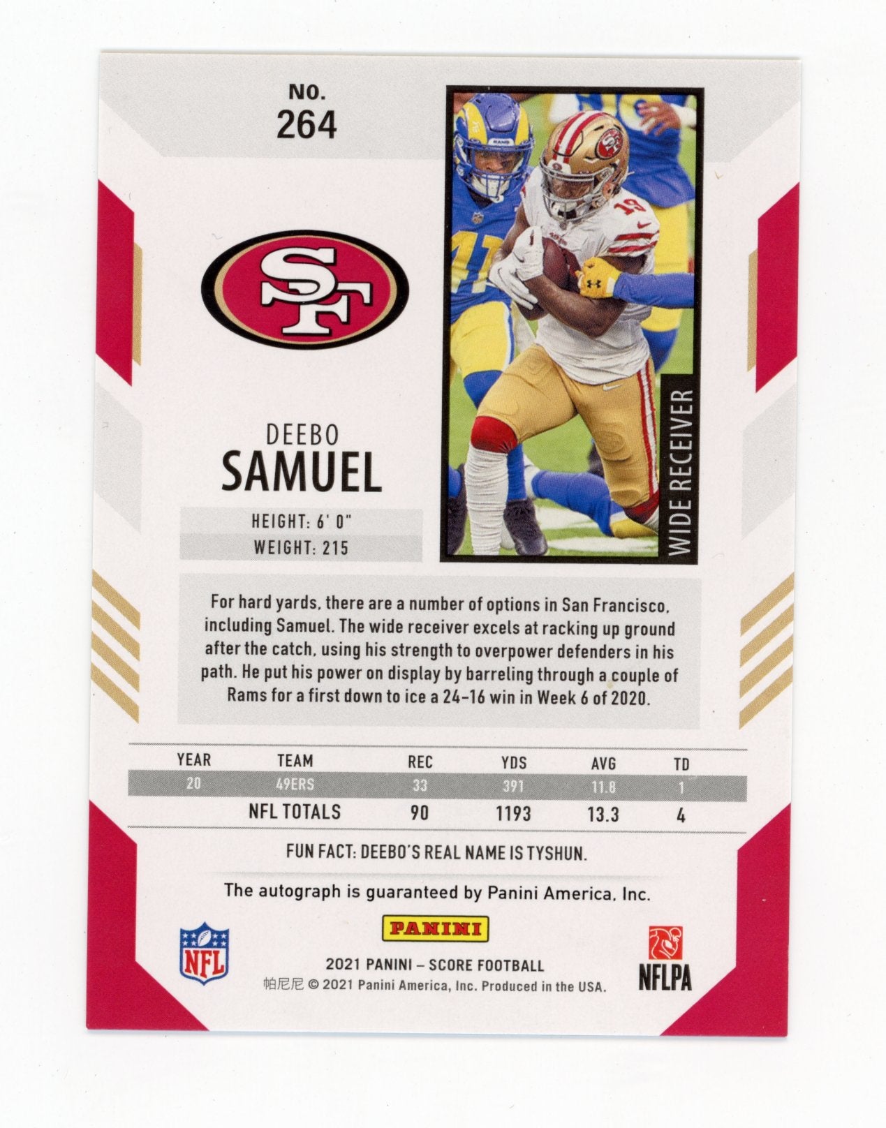 2021 Panini Score Deebo Samuel #264 - #/50 Gold Autograph 49ers