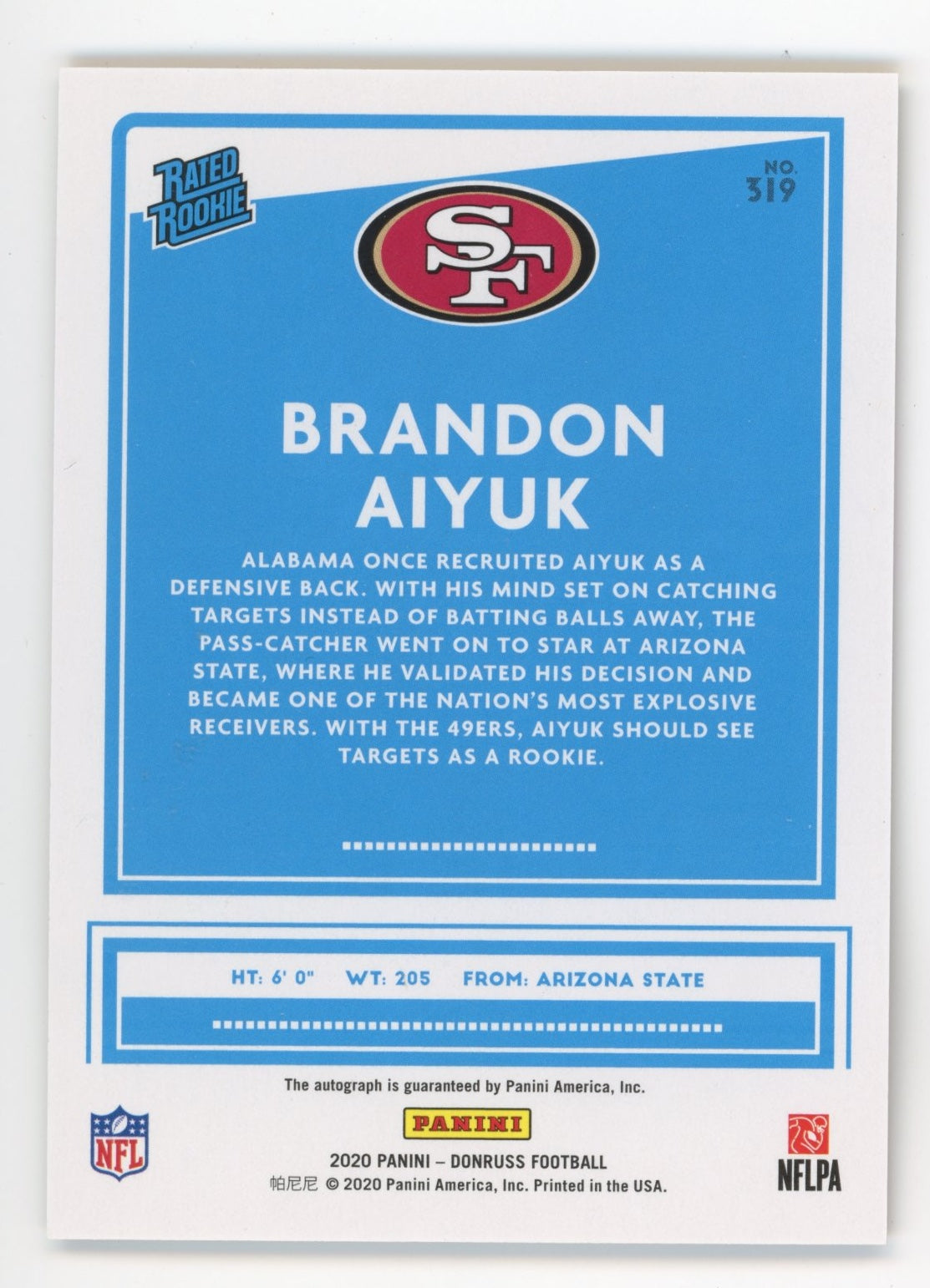 2020 Panini Donruss Brandon Aiyuk Rated Rookie #319 - Autograph Gold 49ers