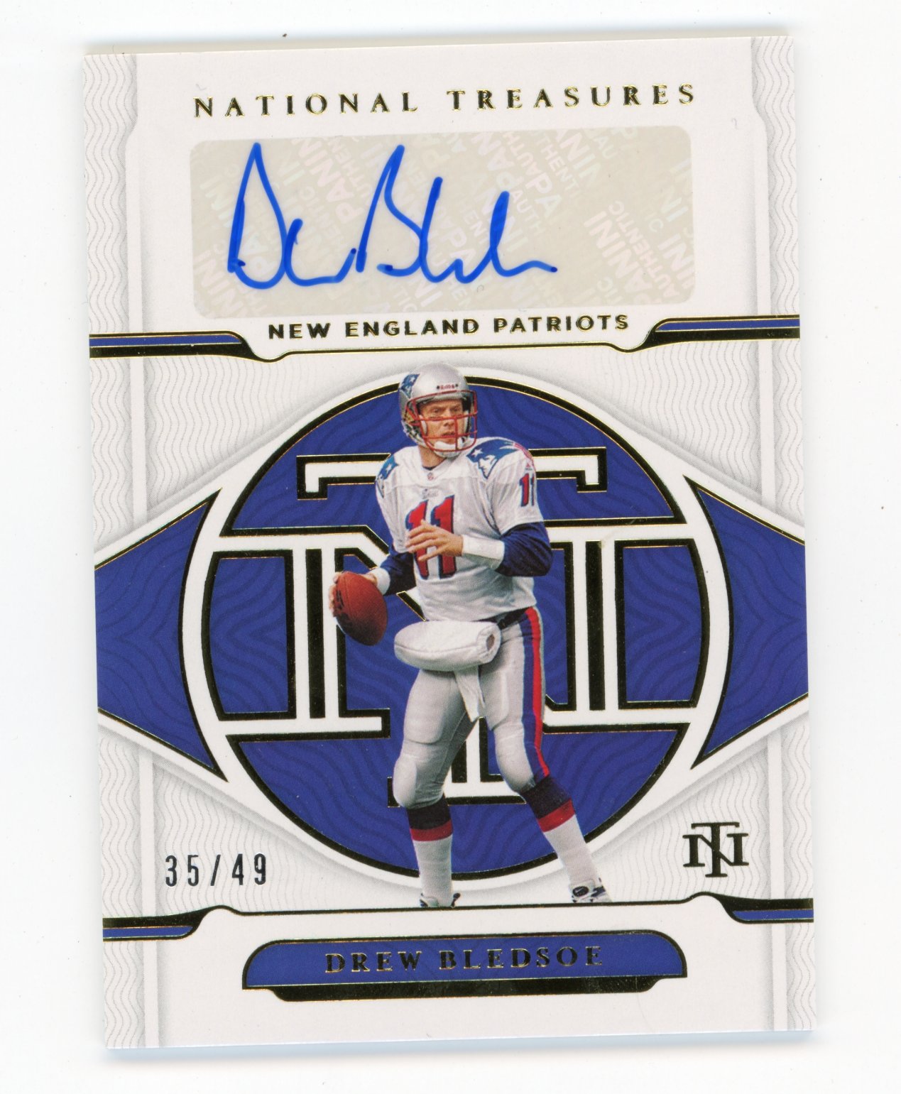 2021 Panini National Treasures Drew Bledsoe #S-DB - #/49 Gold Auto Patriots