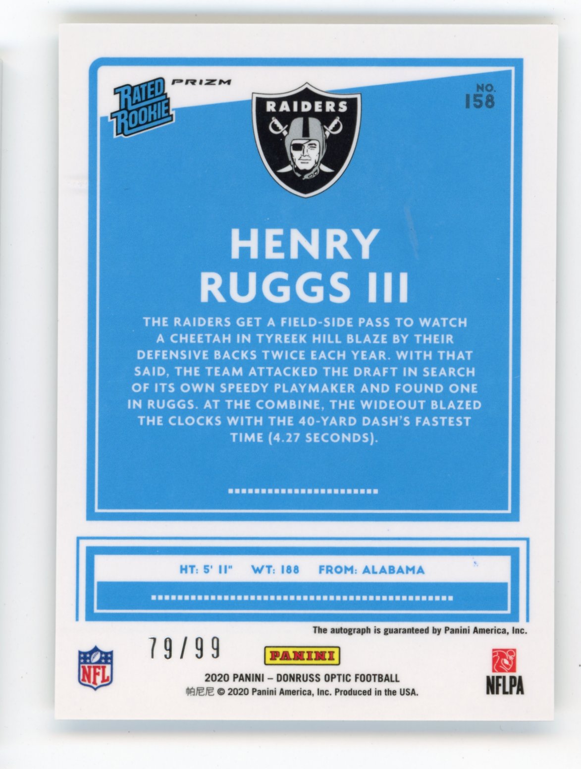 2020 Panini Donruss Optic Rated Rookie Henry Ruggs RC #158 - Prizm Auto Raiders