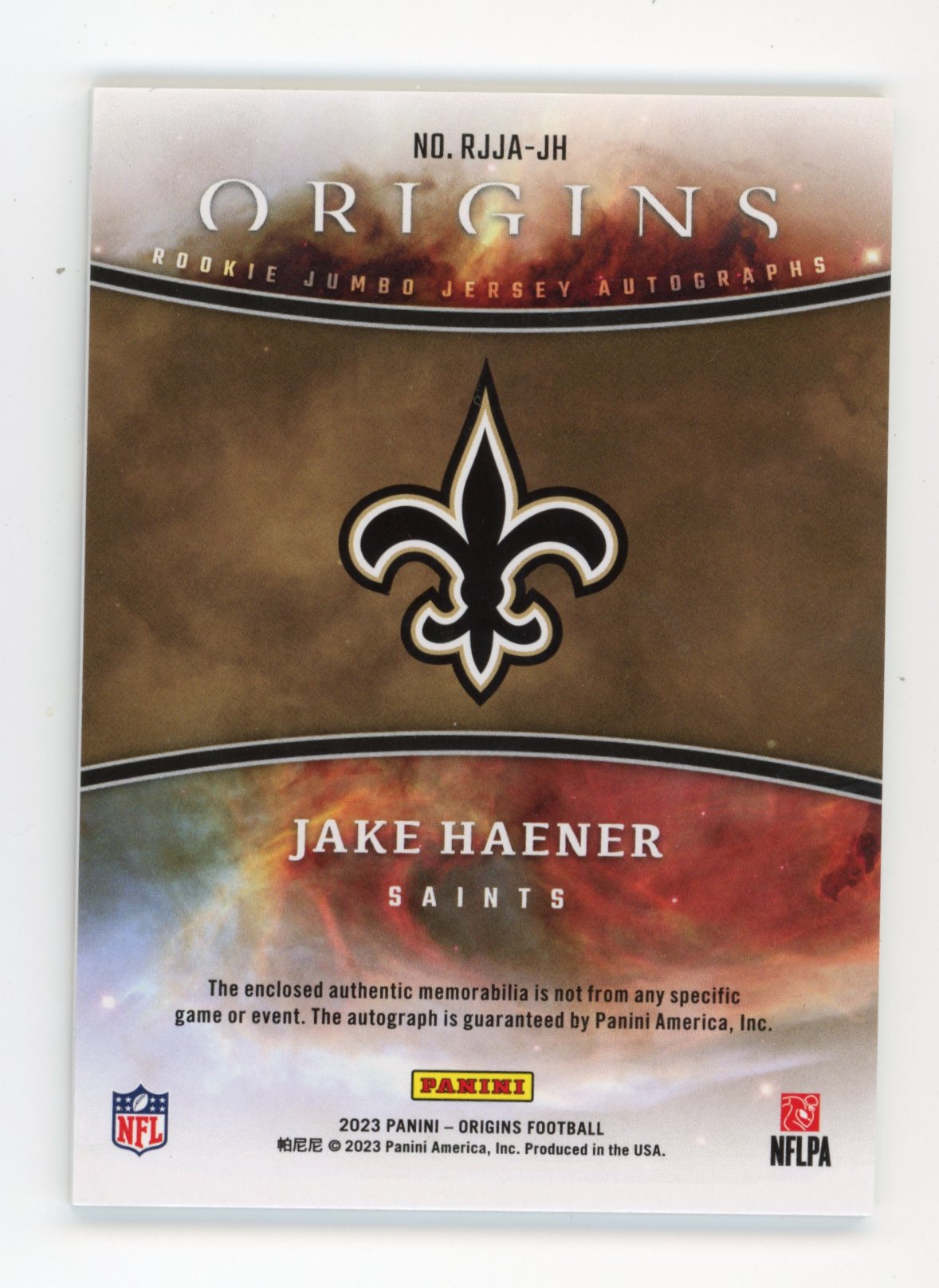 2023 Panini Origins Rookie Jumbo Jersey Autographs Jake Haener RC #RJJA-JH - Jersey Auto Saints